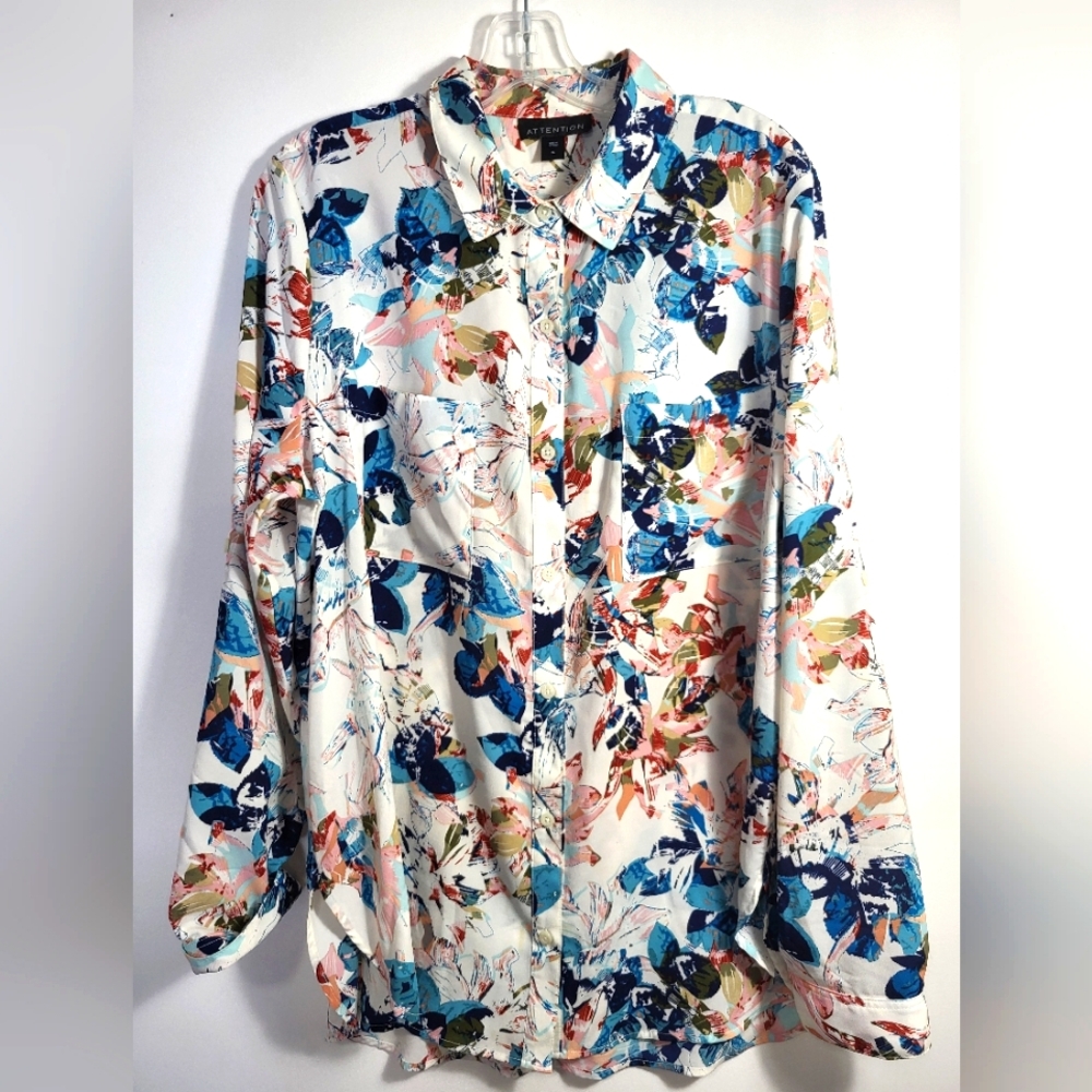 attention white with colorful floral silky button down women's XL #2503